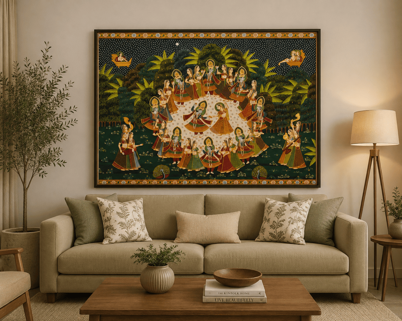 Raas Leela Pichwai Painting – Krishna's Moonlit Dance with Radha & Gopis, Nathdwara Handmade